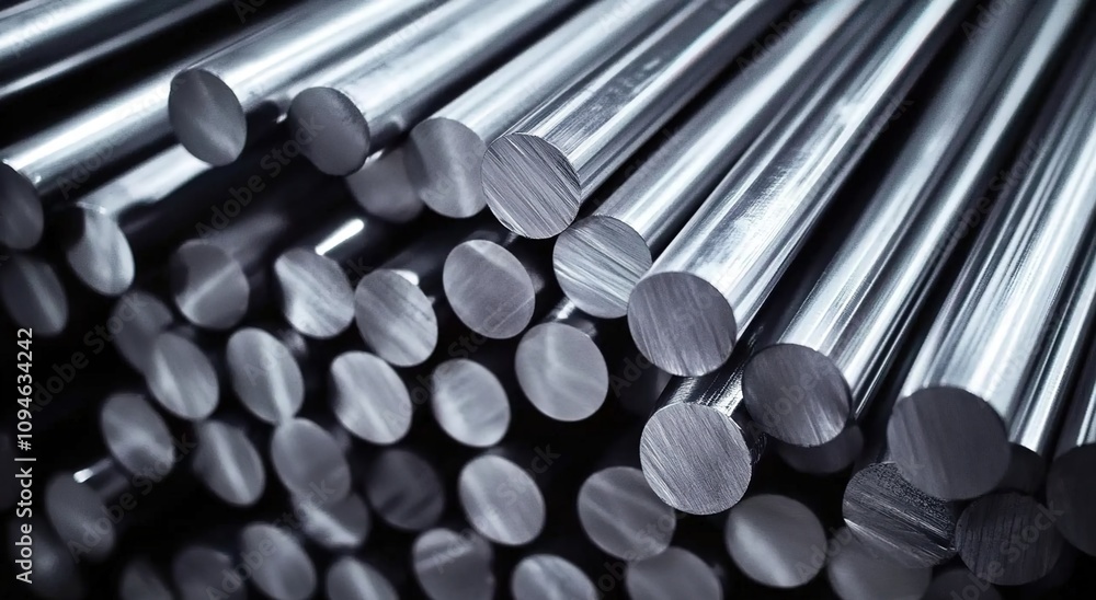 A stack of steel bars, stacked together in an industrial setting. A stack of steel bars, stacked together in an industrial setting.