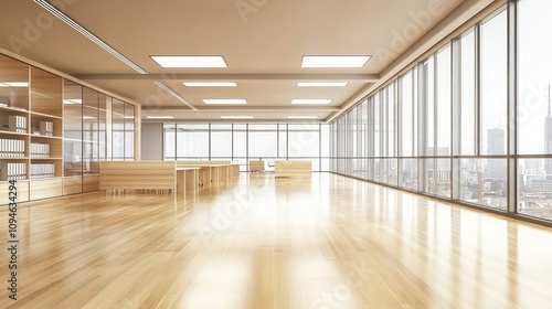 Wallpaper Mural A modern office featuring polished wood flooring and expansive windows that let in abundant natural light. Bright LED panels are embedded in the ceiling, casting an even glow over the workspace.  Torontodigital.ca