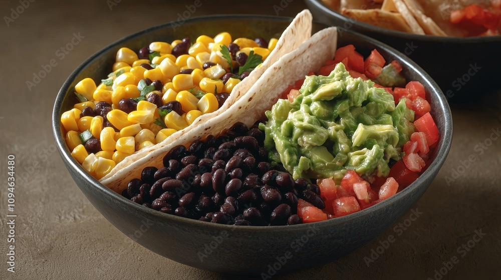 Fresh guacamole and colorful bean bowl healthy meal kitchen vibrant close-up nutritional balance Fresh guacamole and colorful bean bowl healthy meal kitchen vibrant close-up nutritional balance