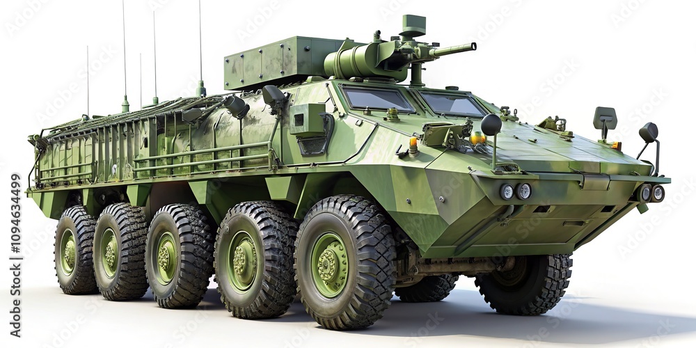 High-quality 3D rendering of the Stryker 2 Armored Personnel Carrier, shown in a front view perspective against a clean white background, provided in alpha PNG format. High-quality 3D rendering of the Stryker 2 Armored Personnel Carrier, shown in a front view perspective against a clean white background, provided in alpha PNG format.