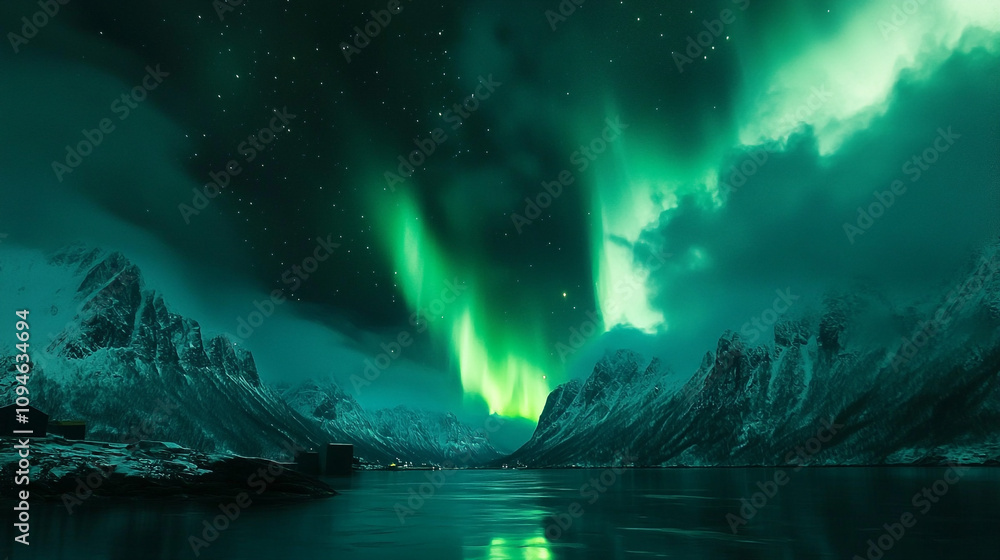 Mesmerizing Northern Lights Over Snowy Mountain Landscape. An enchanting display of northern lights illuminating a serene winter landscape with mountains and reflections in water. Mesmerizing Northern Lights Over Snowy Mountain Landscape. An enchanting display of northern lights illuminating a serene winter landscape with mountains and reflections in water.
