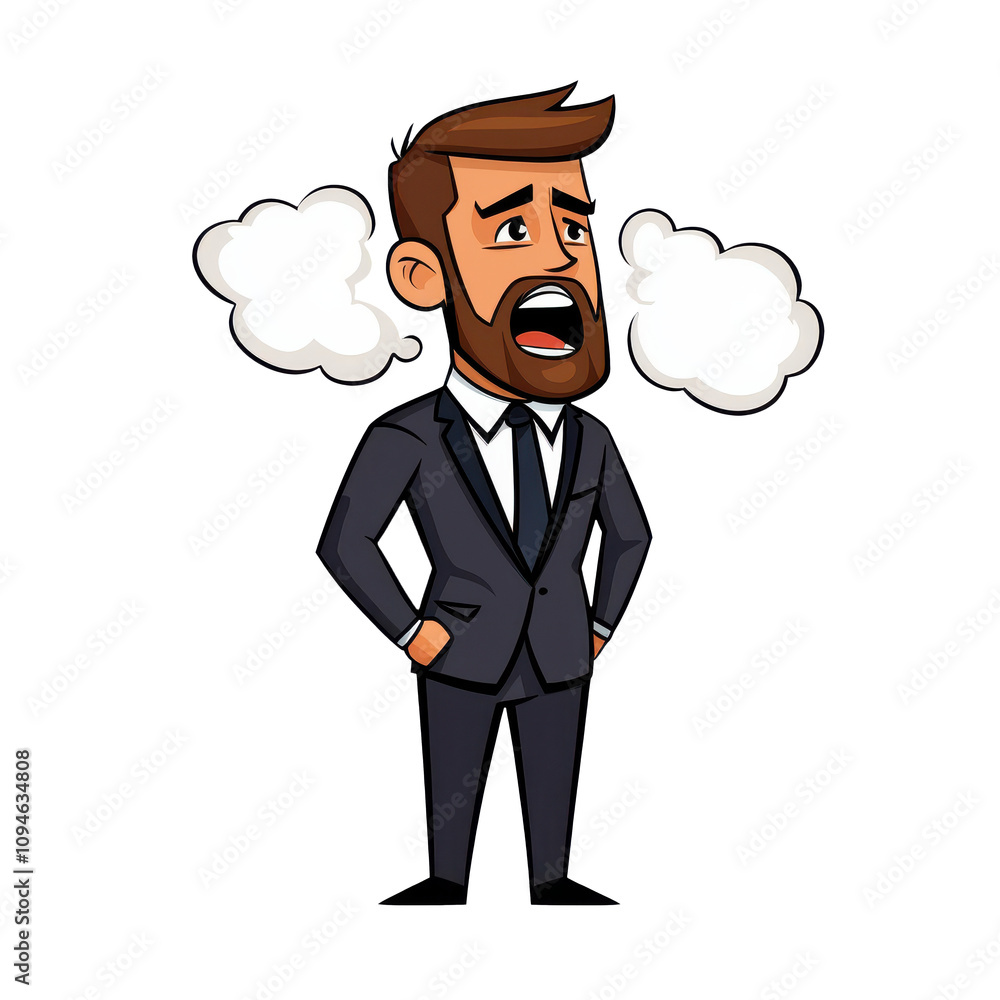 Cartoon man in suit expressing frustration with steam coming out of his ears, showcasing humorous and exaggerated reaction to stress Cartoon man in suit expressing frustration with steam coming out of his ears, showcasing humorous and exaggerated reaction to stress