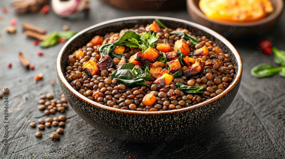 Delicious lentil bowl with vegetables home kitchen recipe cozy setting close-up healthy eating concept Delicious lentil bowl with vegetables home kitchen recipe cozy setting close-up healthy eating concept