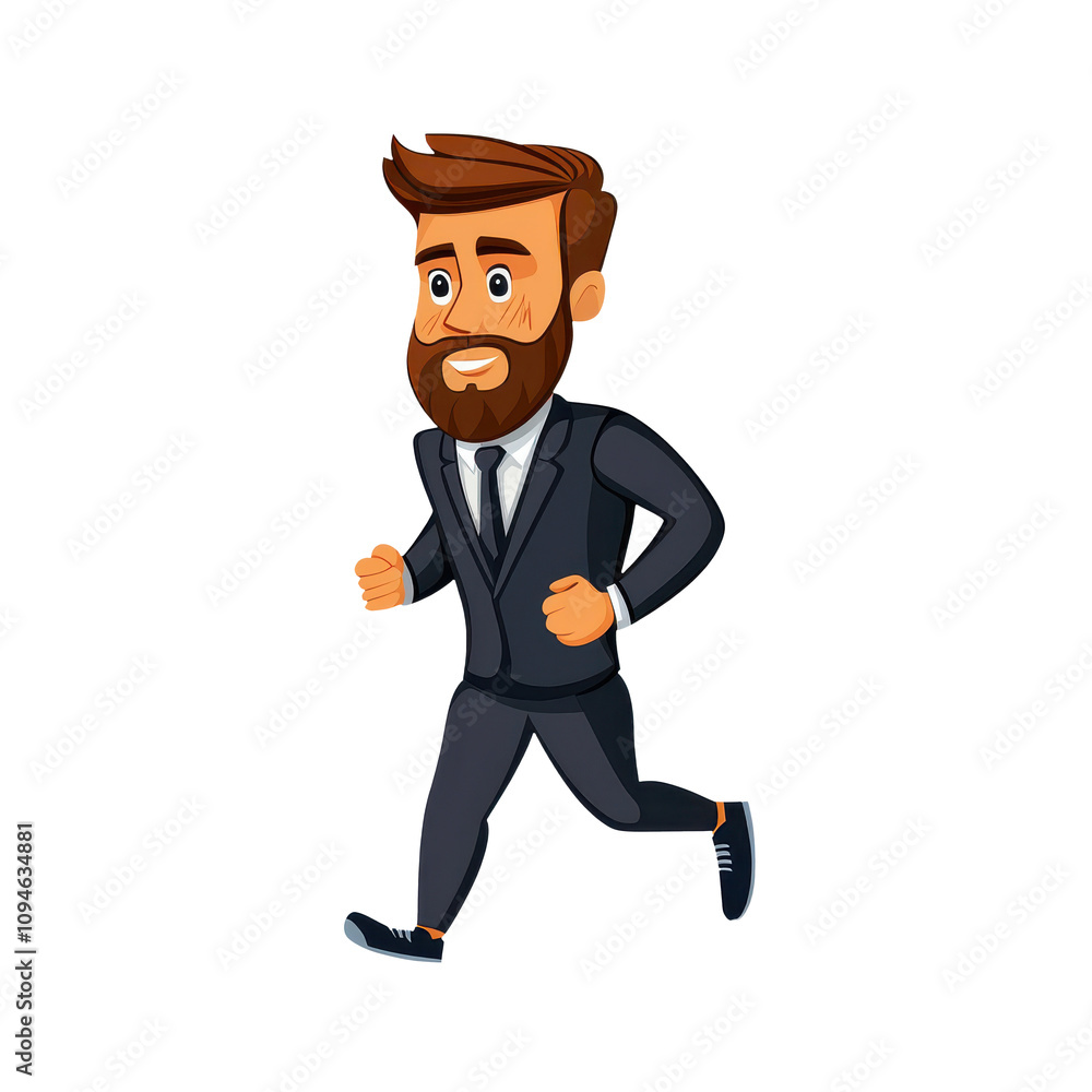 cartoon man jogging in suit with cheerful expression, showcasing fitness and determination. His beard and hairstyle add stylish touch