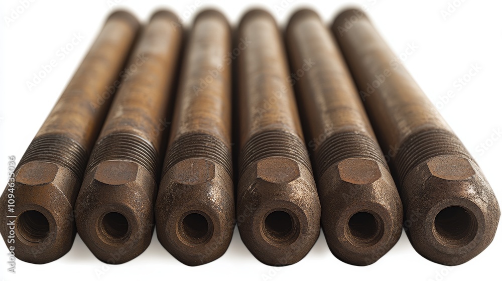 Six Metal Rods with Hexagonal Heads and Grooved Ends Six Metal Rods with Hexagonal Heads and Grooved Ends