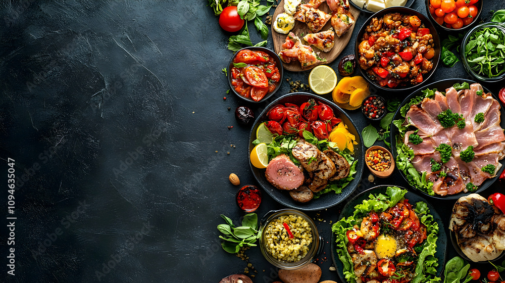 Fototapeta premium A Delicious Array of Grilled Meats, Roasted Vegetables, and Savory Dishes on Dark Background