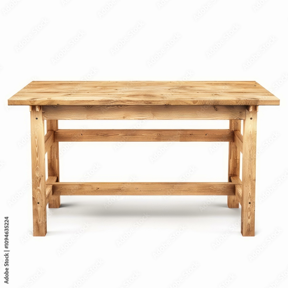 Simple design wooden table with clear wood grain isolated on white background, ideal for product placement Simple design wooden table with clear wood grain isolated on white background, ideal for product placement