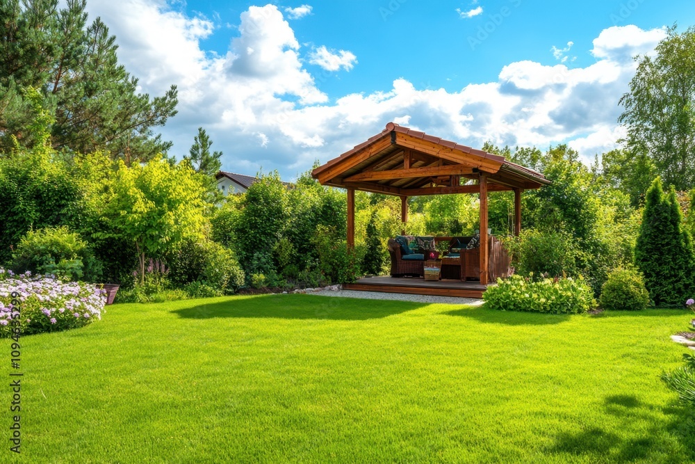 Obraz premium Wooden gazebo surrounded by lush green garden on a sunny day