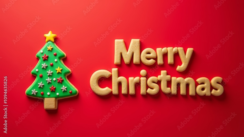 Naklejka premium Cookies in shape of Christmas tree with MERRY CHRISTMAS text on red background, New Year banner for invitation, greeting or Christmas sale.