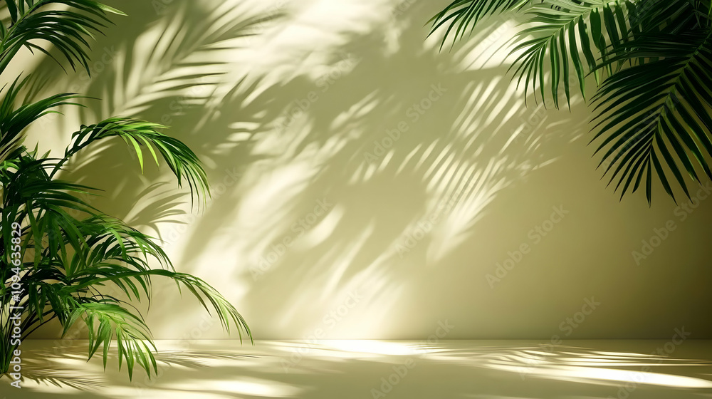 Fototapeta premium 3D Render: Lush Palm Fronds Cast Shadows on a Pale Green Wall, creating a Tropical Background