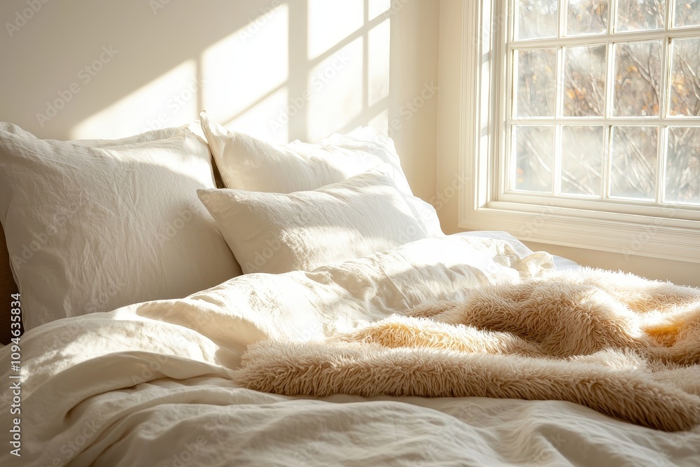 Serene Bedroom with Fluffy White Sheets and Pillows, Bathed in Soft Natural Light Through a Window, Inviting Relaxation and Comfort Serene Bedroom with Fluffy White Sheets and Pillows, Bathed in Soft Natural Light Through a Window, Inviting Relaxation and Comfort