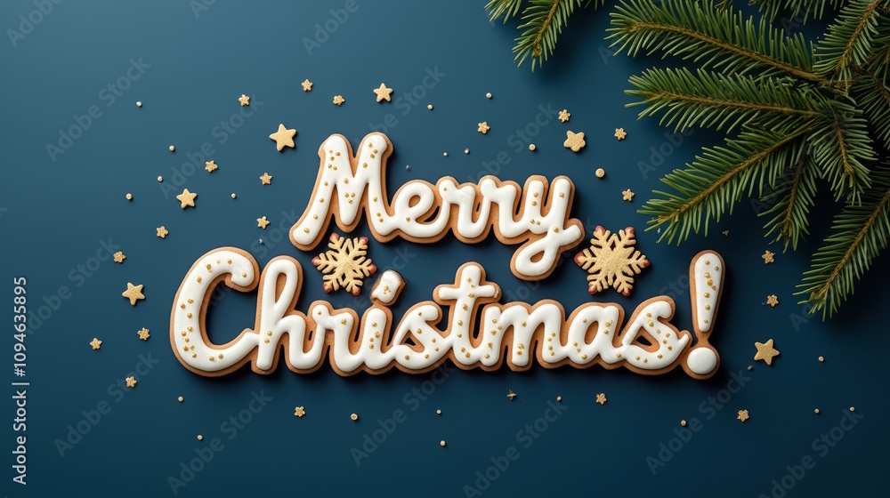 Naklejka premium Cookies in shape of MERRY CHRISTMAS text on festive background with fir branch, New Year banner for invitation, greeting or Christmas sale.