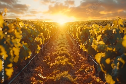 Golden Hour in a Vineyard: Sunset Views and Lush Greenery for Landscape Design photo