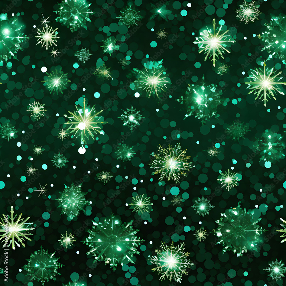 Fototapeta premium Christmas seamless pattern glowing green snowflakes on a dark, sparkly background. As holiday wrapping paper, festive digital paper, blog posts, packaging, card, backdrop.