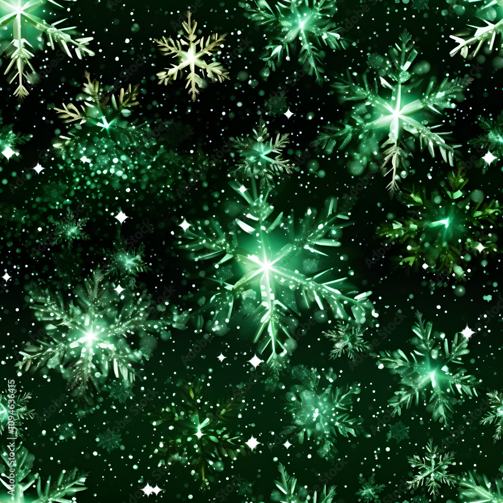 Fototapeta premium Christmas seamless pattern glowing green snowflakes on a dark, starry background. As holiday wrapping paper, festive digital paper, blog posts, packaging, card, backdrop.
