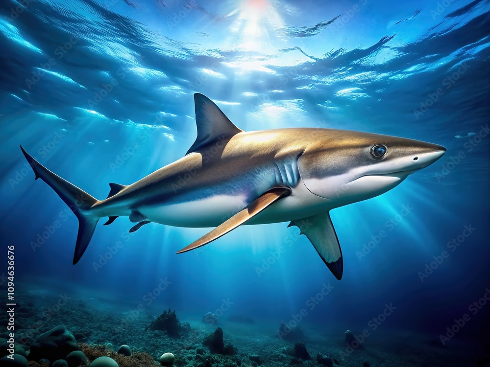 Naklejka premium In the serene depths of the deep blue ocean, silver tip sharks, Carcharhinus albimarginatus, glide gracefully, embodying elegance and power as they navigate their aquatic domain.