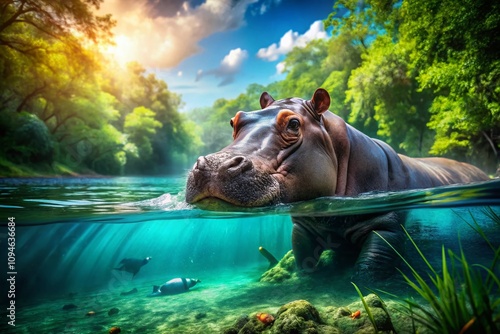 Majestic Hippo Swimming in Crystal Clear Water of Natural Habitat, Showcasing Its Graceful Movement and Serene Environment with Ample Copy Space for Text or Branding photo