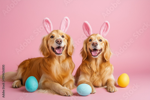 two golden retriver using bunny ears in a plain color background with easter assets nearby photo