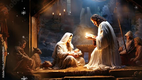 Mary and Joseph with baby Jesus in a stable at night surrounded by shepherds and animals