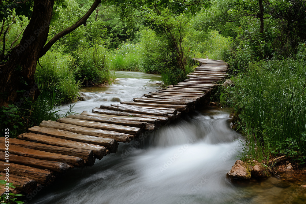 Obraz premium A beautiful and scenic wooden bridge gracefully spans a flowing stream in the heart of nature. Generative AI