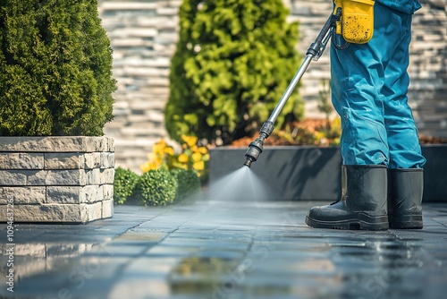 Worker Cleaning Patio With High Pressure Water Sprayer photo