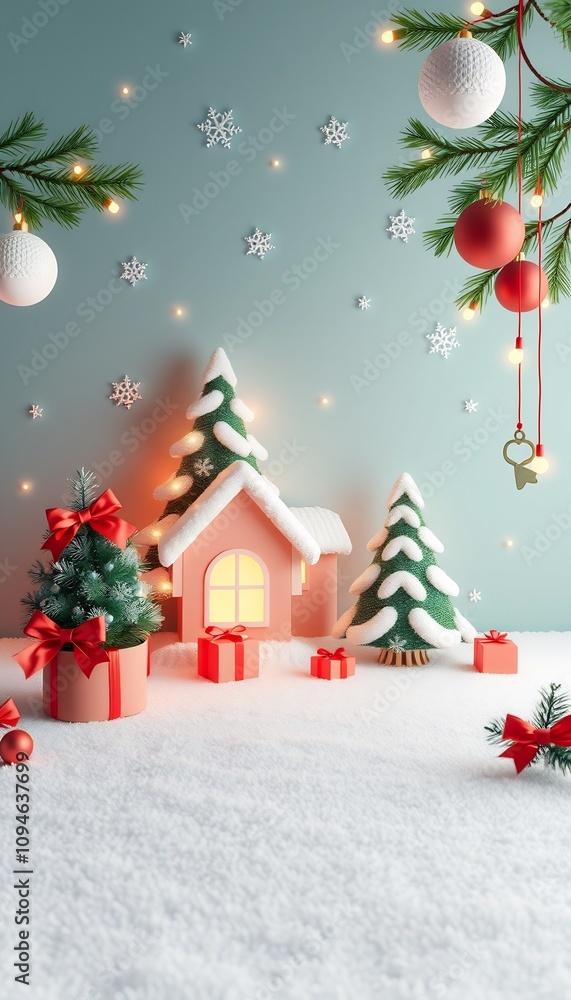 Cozy winter scene with a snowy Christmas tree, house, gifts, and ornaments. Cozy winter scene with a snowy Christmas tree, house, gifts, and ornaments.