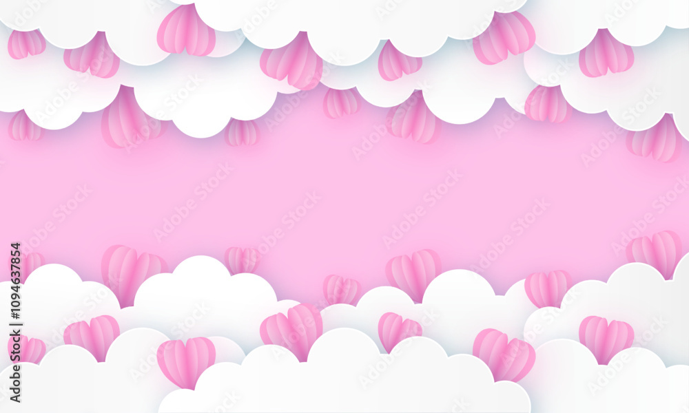 Happy Valentine's day Beautiful paper cut white clouds with white heart frame on pink background. Vector illustration. Papercut style. Happy Valentine's day Beautiful paper cut white clouds with white heart frame on pink background. Vector illustration. Papercut style.