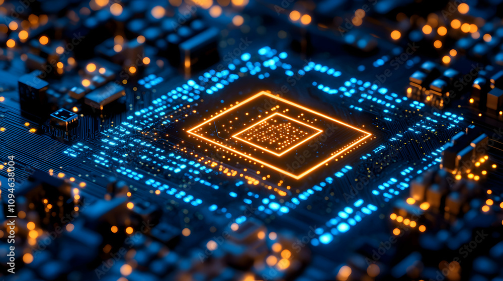 3D Render of Illuminated Circuit Board with Central Processor, Glowing Blue and Orange Hues, High-Tech Abstract Background 3D Render of Illuminated Circuit Board with Central Processor, Glowing Blue and Orange Hues, High-Tech Abstract Background