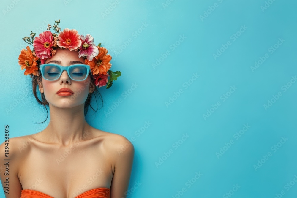 Stylish woman with floral crown and sunglasses against a bright blue background Stylish woman with floral crown and sunglasses against a bright blue background