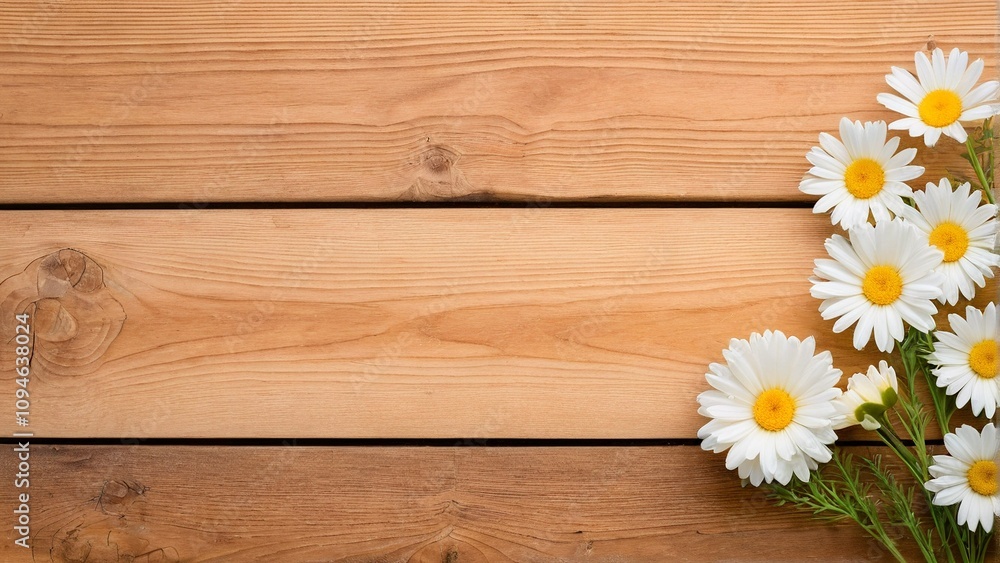 Obraz premium A bouquet of white daisies rests on a wooden surface, with a textured background.