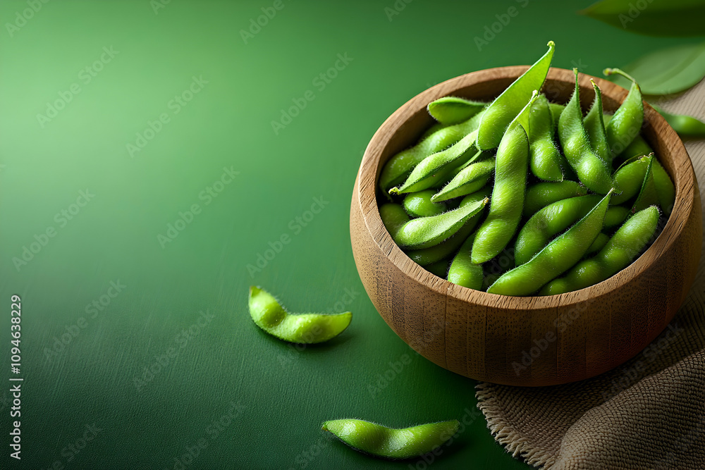 Vibrant Green Edamame Beans in Wooden Bowl, Fresh and Healthy Food Photography Vibrant Green Edamame Beans in Wooden Bowl, Fresh and Healthy Food Photography