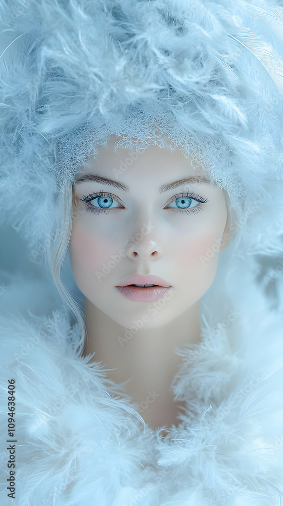 Portrait of a Woman Adorned with Light Blue Feathers, a Dreamy, Ethereal Aesthetic. Portrait of a Woman Adorned with Light Blue Feathers, a Dreamy, Ethereal Aesthetic.
