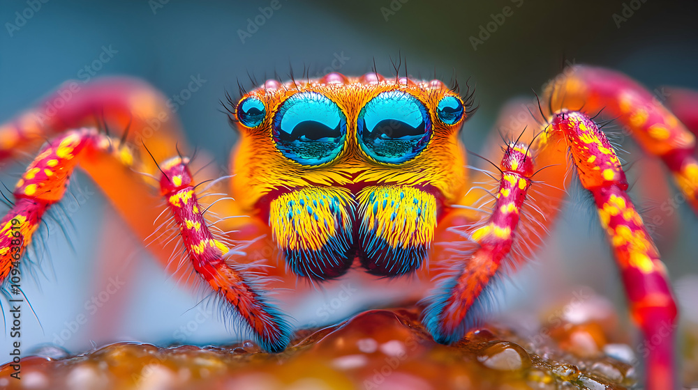 Vibrant Jumping Spider Macro Photography: A Close-Up View of an Arachnid with Striking Orange and Blue Hues Vibrant Jumping Spider Macro Photography: A Close-Up View of an Arachnid with Striking Orange and Blue Hues