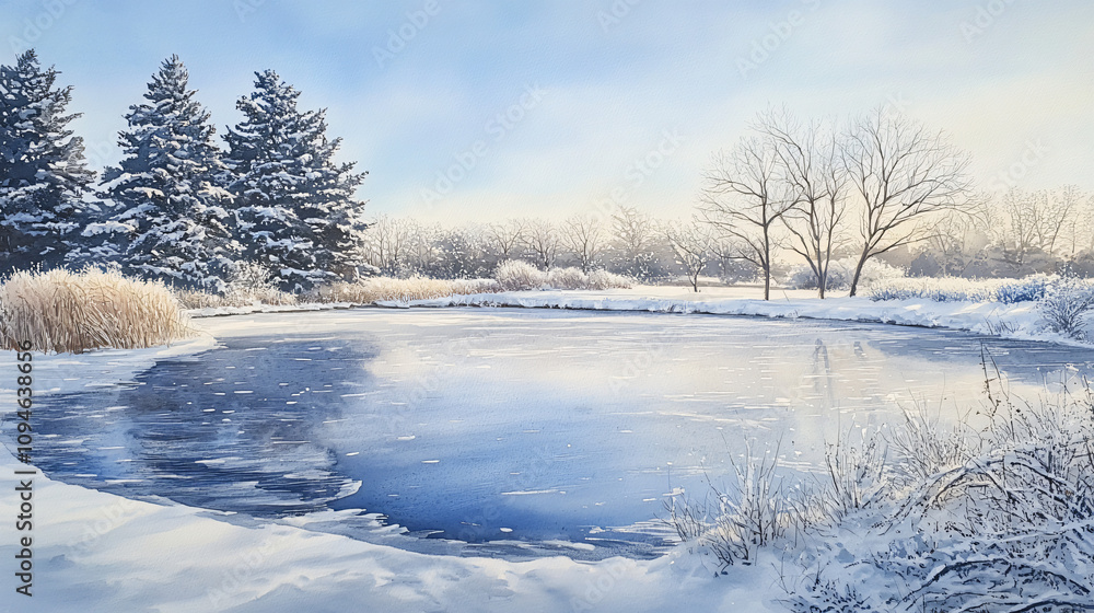 A dreamy watercolor painting of a snowy landscape, with a frozen pond reflecting the clear blue sky and snow-covered trees framing the horizon. A dreamy watercolor painting of a snowy landscape, with a frozen pond reflecting the clear blue sky and snow-covered trees framing the horizon.