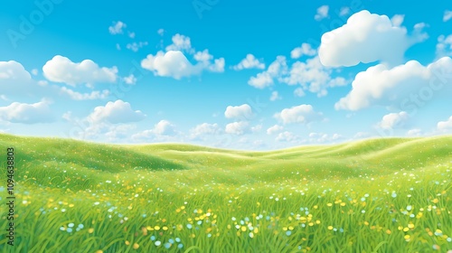 Blue sky white cloud green grass landscape illustration poster background