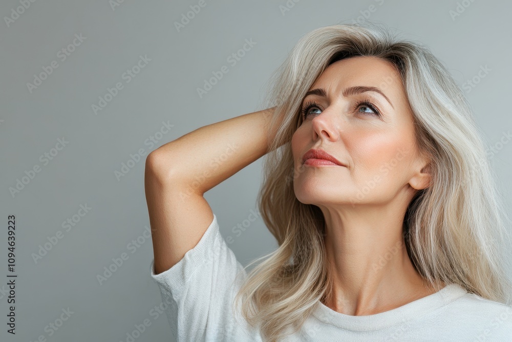 Fototapeta premium Mature woman with stylish hair poses thoughtfully against plain backdrop