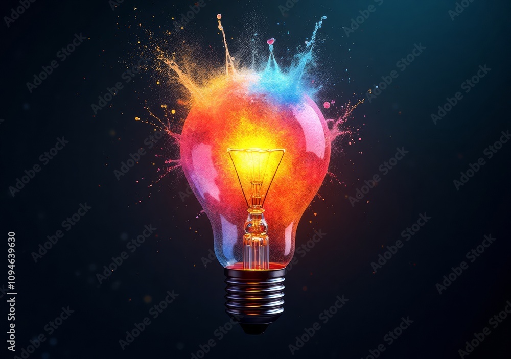 Light bulb filled with vibrant splashes of color representing creativity and innovation Light bulb filled with vibrant splashes of color representing creativity and innovation