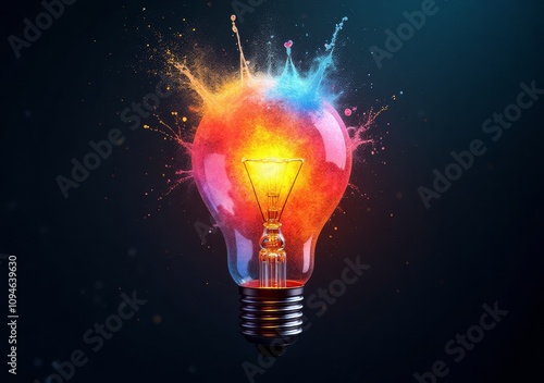 Light bulb filled with vibrant splashes of color representing creativity and innovation