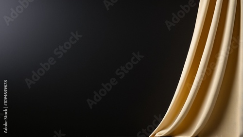 A gold curtain is partially open, revealing a dark background, creating a dramatic and elegant visual effect.