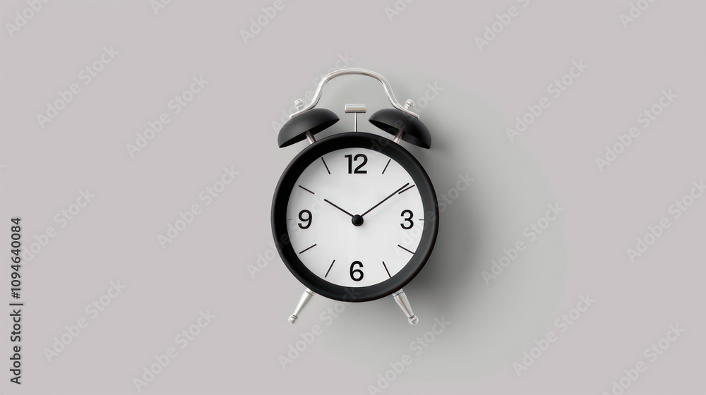 Classic Black Alarm Clock with White Face and Bold Numbers on a Minimalist Grey Background Perfect for Time Management and Daily Routine Inspiration Classic Black Alarm Clock with White Face and Bold Numbers on a Minimalist Grey Background Perfect for Time Management and Daily Routine Inspiration