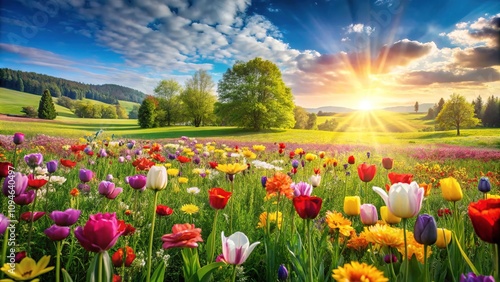 Lush green grass paired with colorful flower fields, set against a transparent background, ideal for artistic and creative design endeavors that require vibrant visuals.