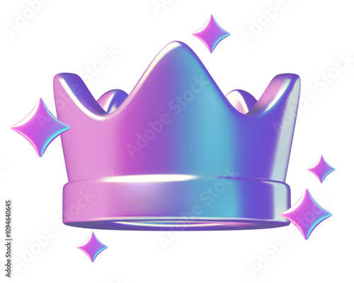 3d crown holographic y2k vector illustration. Pink and purple metallic gradient emoji with sparkles isolated on white background. 