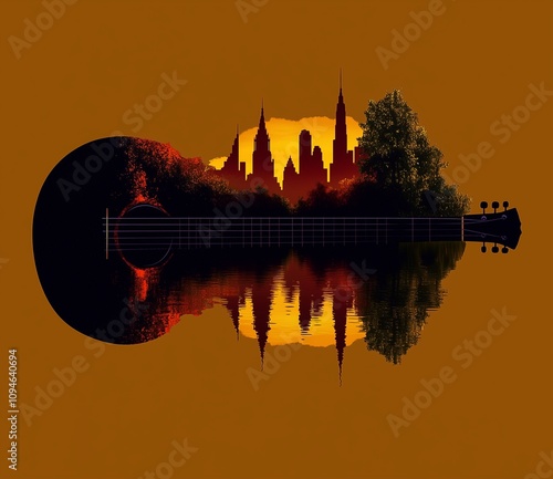 A guitar-shaped silhouette made of trees and buildings, with the sun setting between them. The water reflects an audio wave. There is no background, just a light brown color. Melody in my head concept
