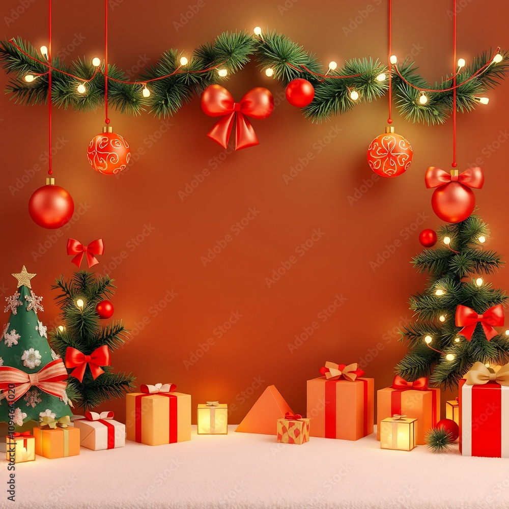 Christmas tree, gifts, and ornaments on a red background. Christmas tree, gifts, and ornaments on a red background.