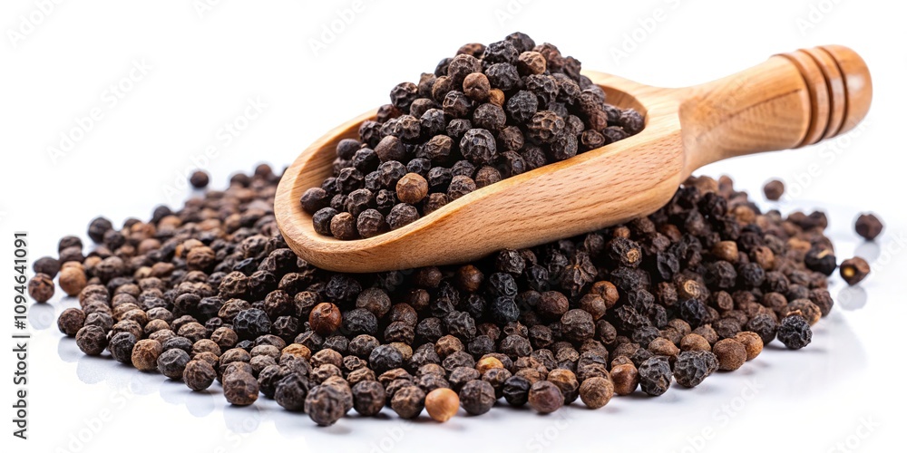 Macro shot: black peppercorns piled high, spice scoop. Macro shot: black peppercorns piled high, spice scoop.