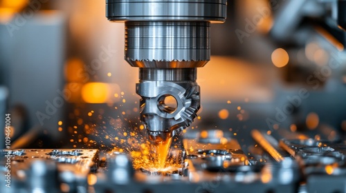 Close-up of a CNC Machine Cutting Metal with Sparks Flying