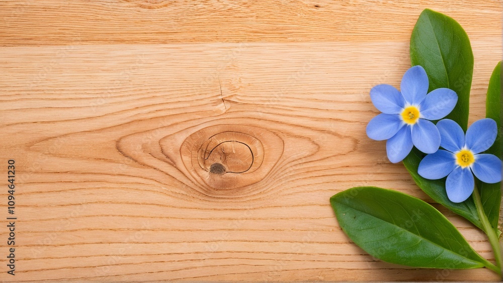 A wooden surface with a floral arrangement of blue flowers and green leaves. A wooden surface with a floral arrangement of blue flowers and green leaves.