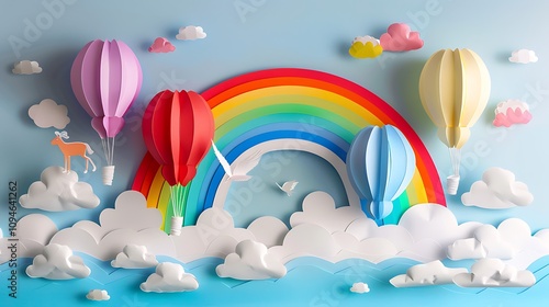 A whimsical paper art scene featuring colorful hot air balloons, a rainbow, clouds, and a deer, evoking a sense of adventure.