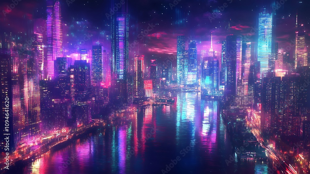 Obraz premium A dazzling cityscape at night with skyscrapers lit up in vibrant colors, creating reflections on a nearby river. 