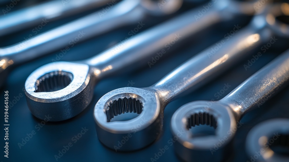Close-up of Multiple Silver Wrenches on a Blue Surface Close-up of Multiple Silver Wrenches on a Blue Surface
